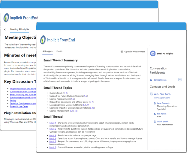 Implicit FrontEnd AI Edition — AI-generated CRM insights panel inside Outlook